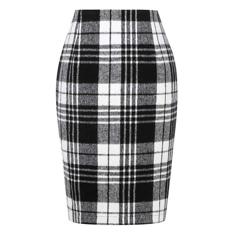 Women's Pencil Tartan High Waist Tight Hip Knee-length Dress