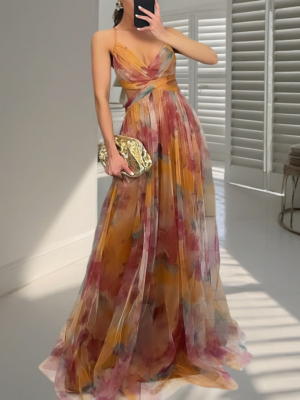 Popular Slouchy Mesh Printing Slip Vacation Dress
