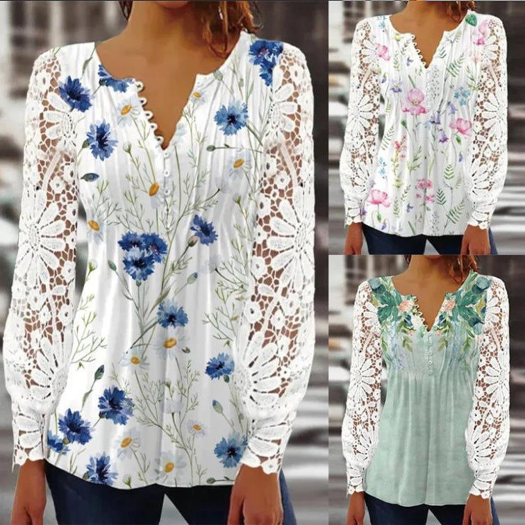Pretty Women's Spring Fashion Lace Long-sleeved Women's T-shirt