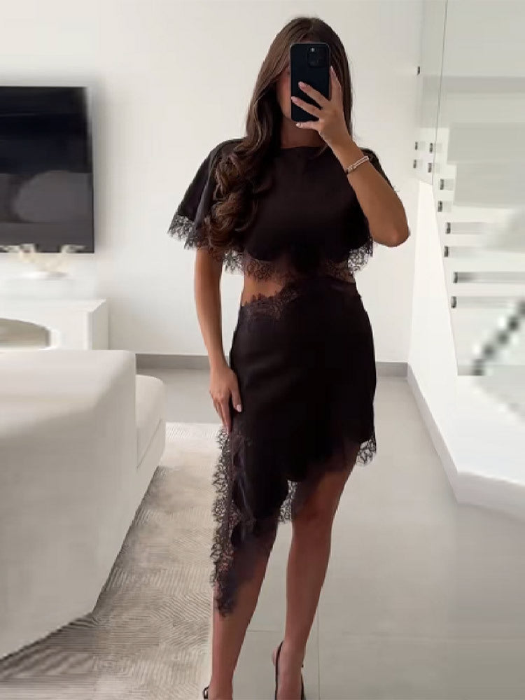 Women's Black Lace Stitching Sexy Asymmetric Hollow Dress