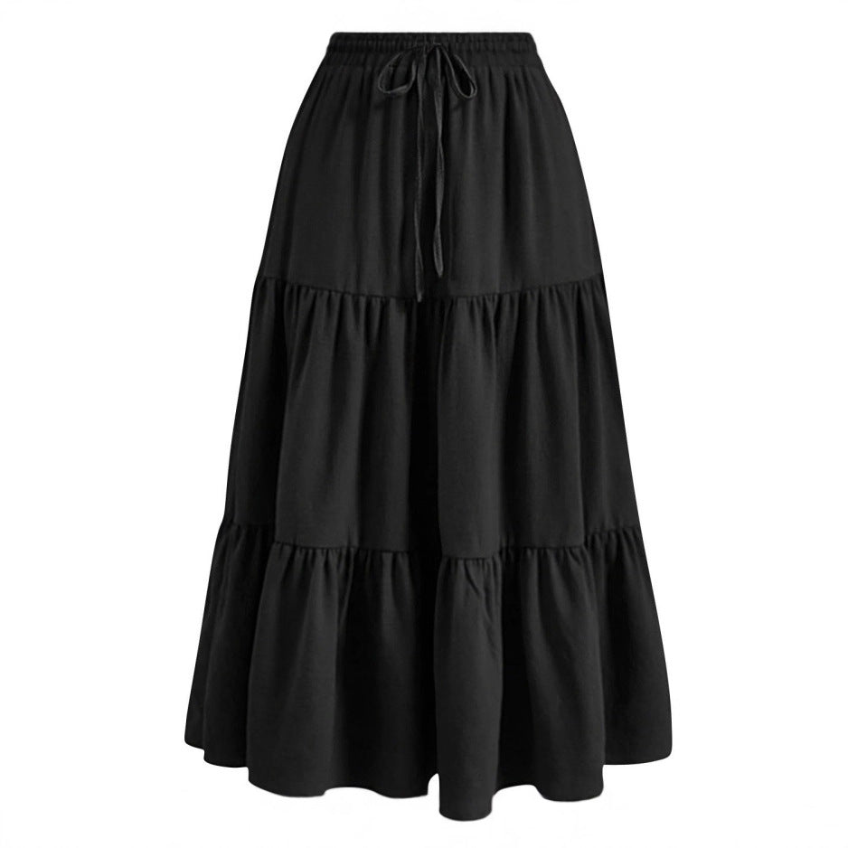 Solid Color Stitching Ruffle Elastic Pocket Skirts