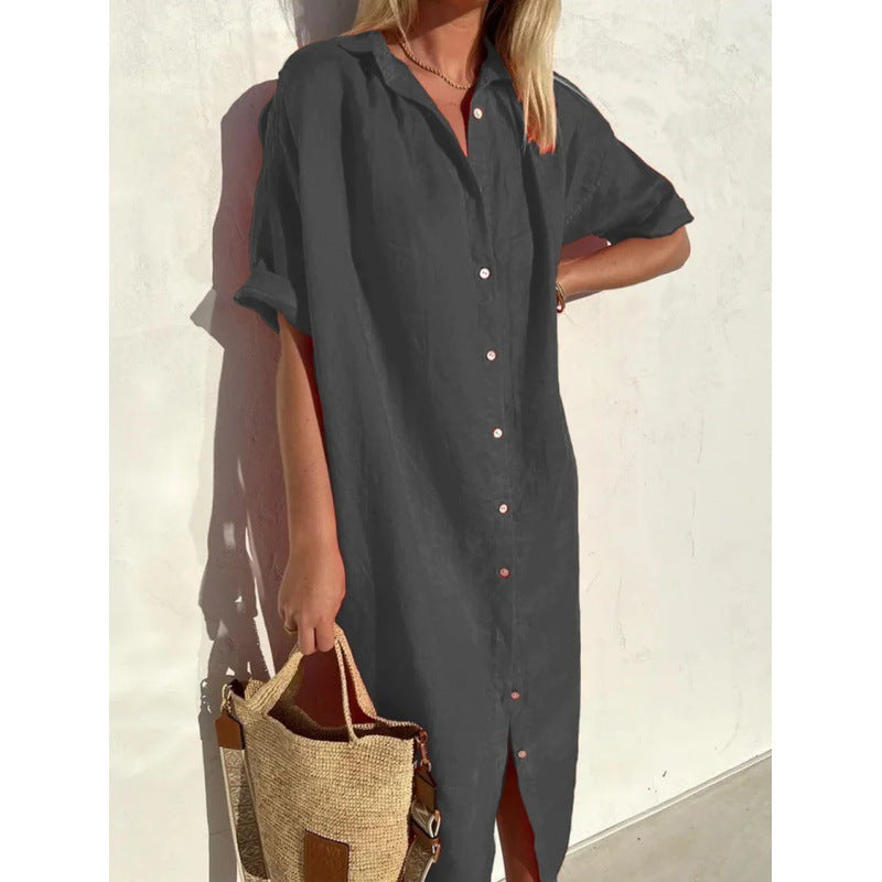 Women's Elegant Casual Loose Sleeves Button Cotton Linen Long Pocket Shorts