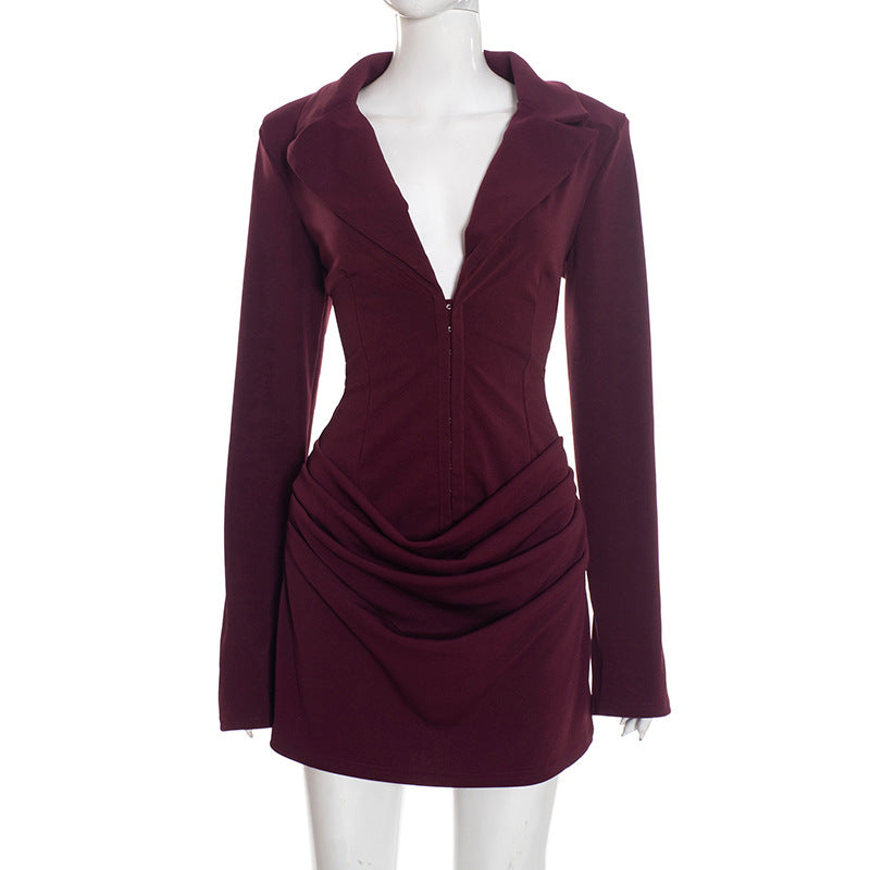 Women's Temperament Pure Color Deep Lapel Pleated Mini Dress