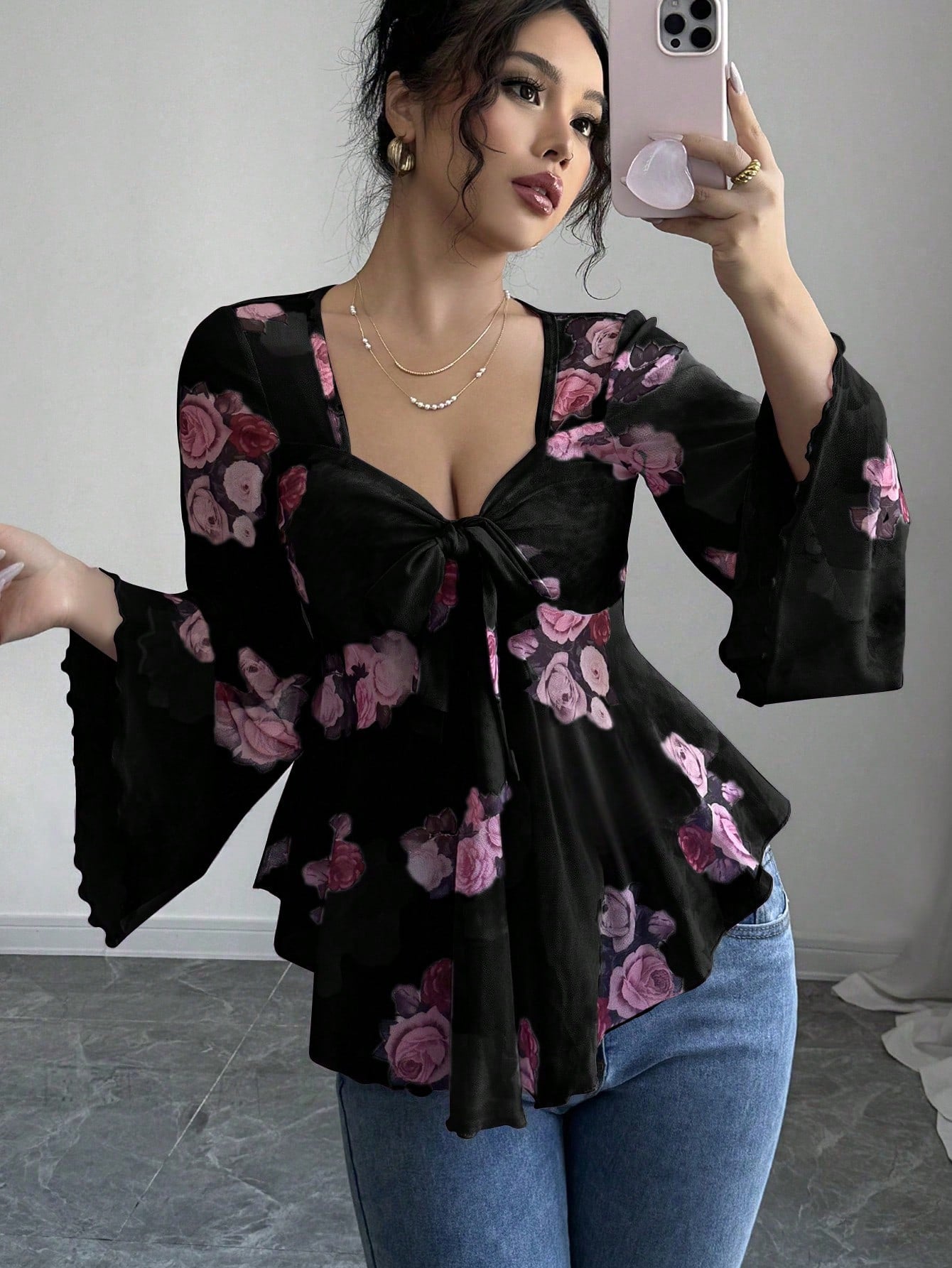 Design Sense French Sweet Flower Blooming Square Collar Long Blouse