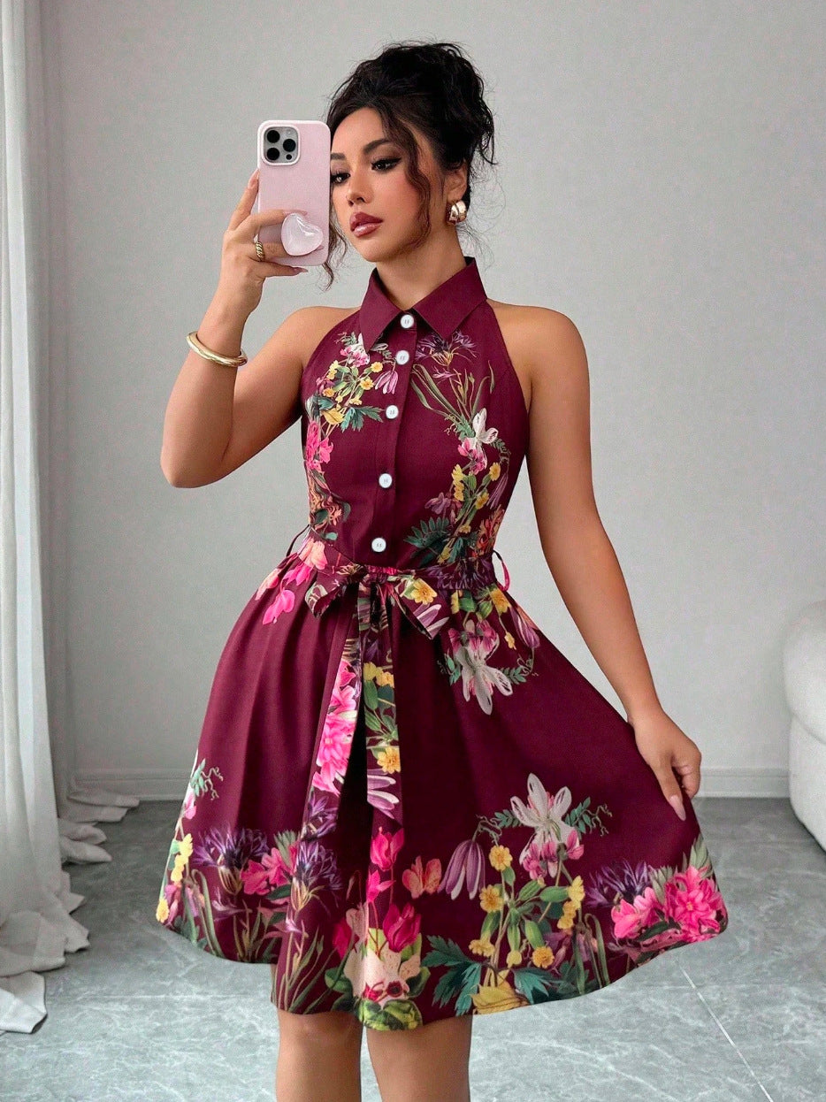 Stylish Fashion Charming Flower Print Halter Dress