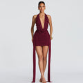Women's Drop Decoration Sexy Deep Halter Backless Dress