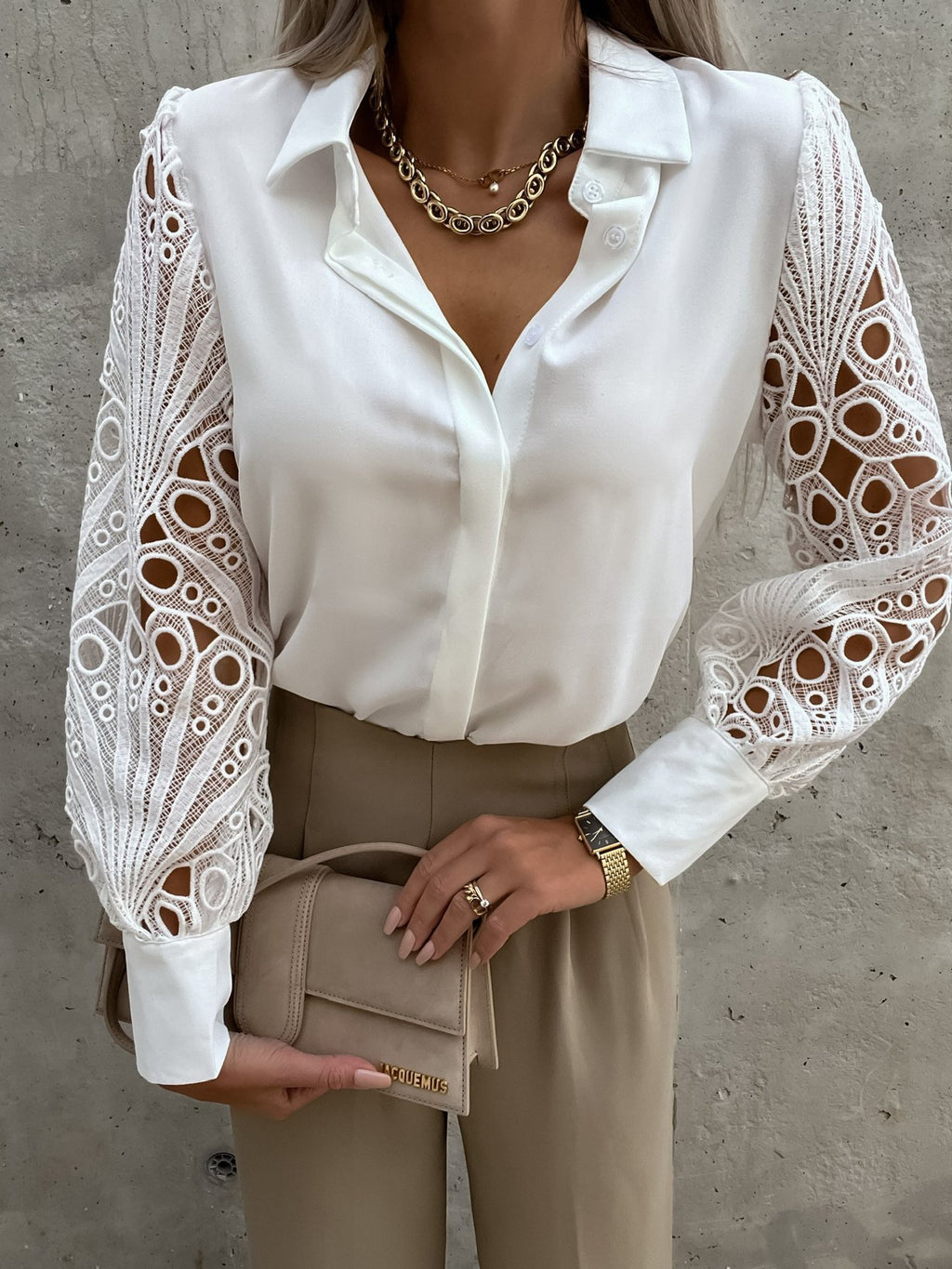 Women's Solid Color Lace Stitching Shirt Blouse