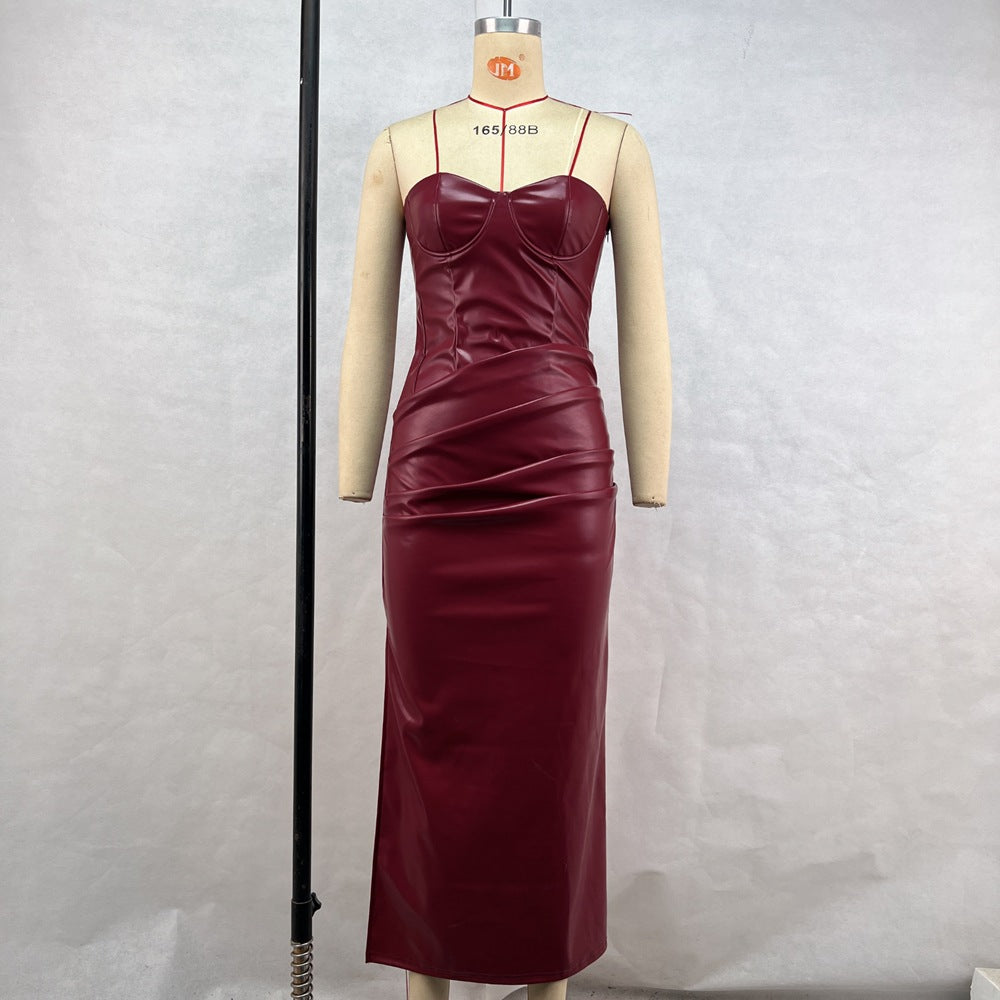 Women's Elegant Leather Hot Tube Strap Fold Dress