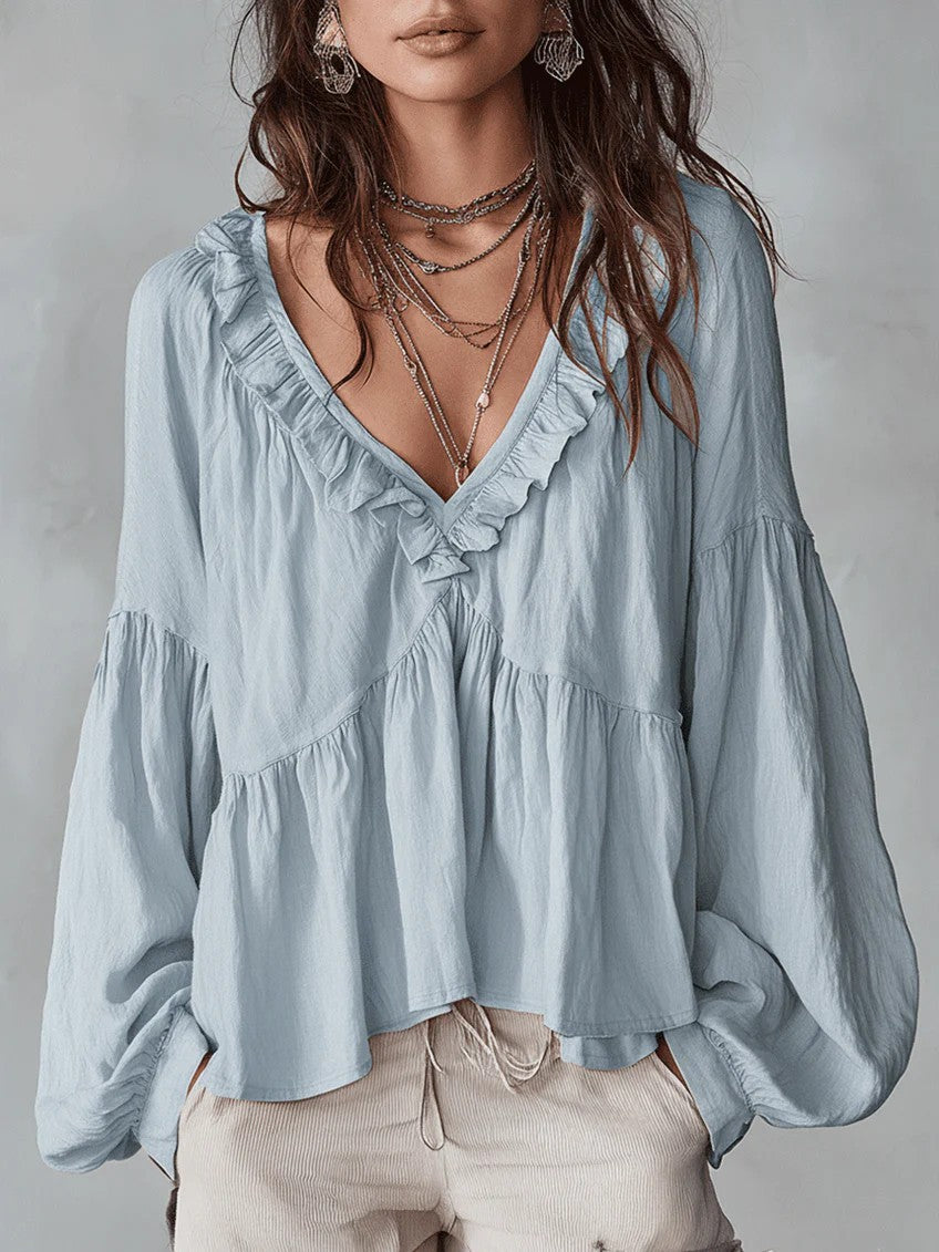Casual Sweet Wooden Ear Puff Sleeve Pleated Blouse
