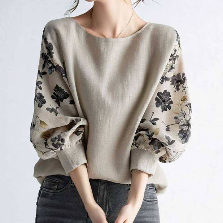 Women's Style Shirt Autumn Round Neck Printed Cropped Tops