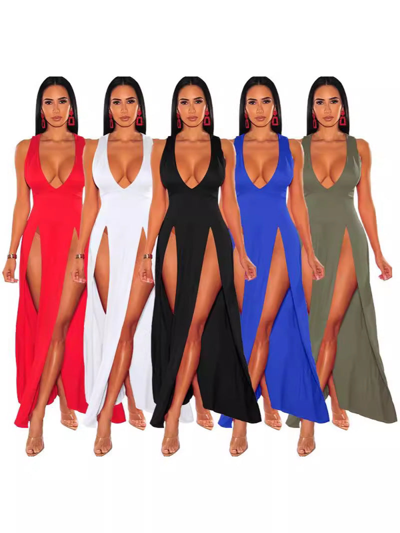 Women's Long Deep V Split Bandage Nightclub Dress