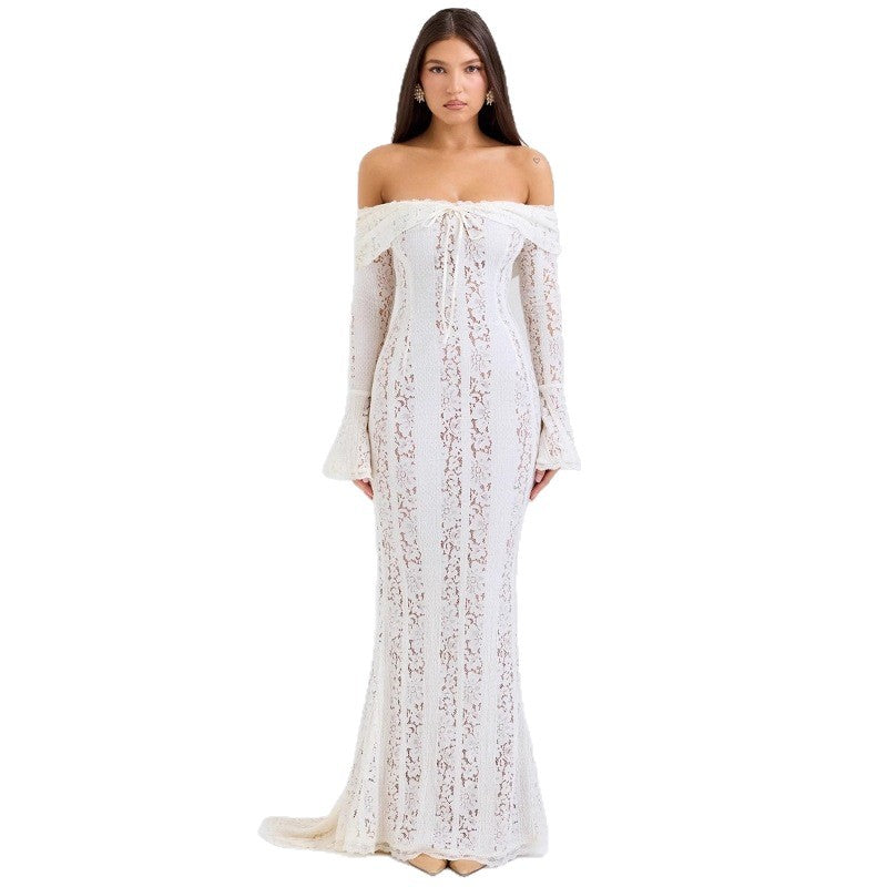 Autumn French Style Temperament Lace Long Flared Sleeve Dress