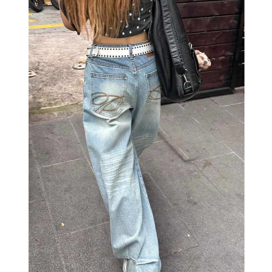 Women's Blue High Waist Wash Autumn Loose Wide Leg Women's Jeans