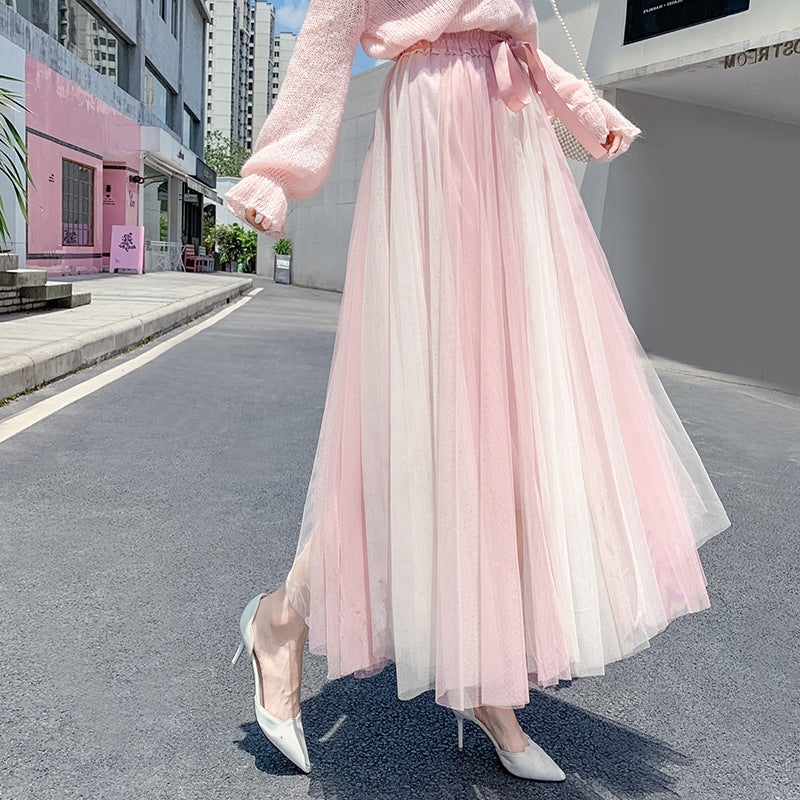 Color Mesh Gentle Four Wide Hem Skirts