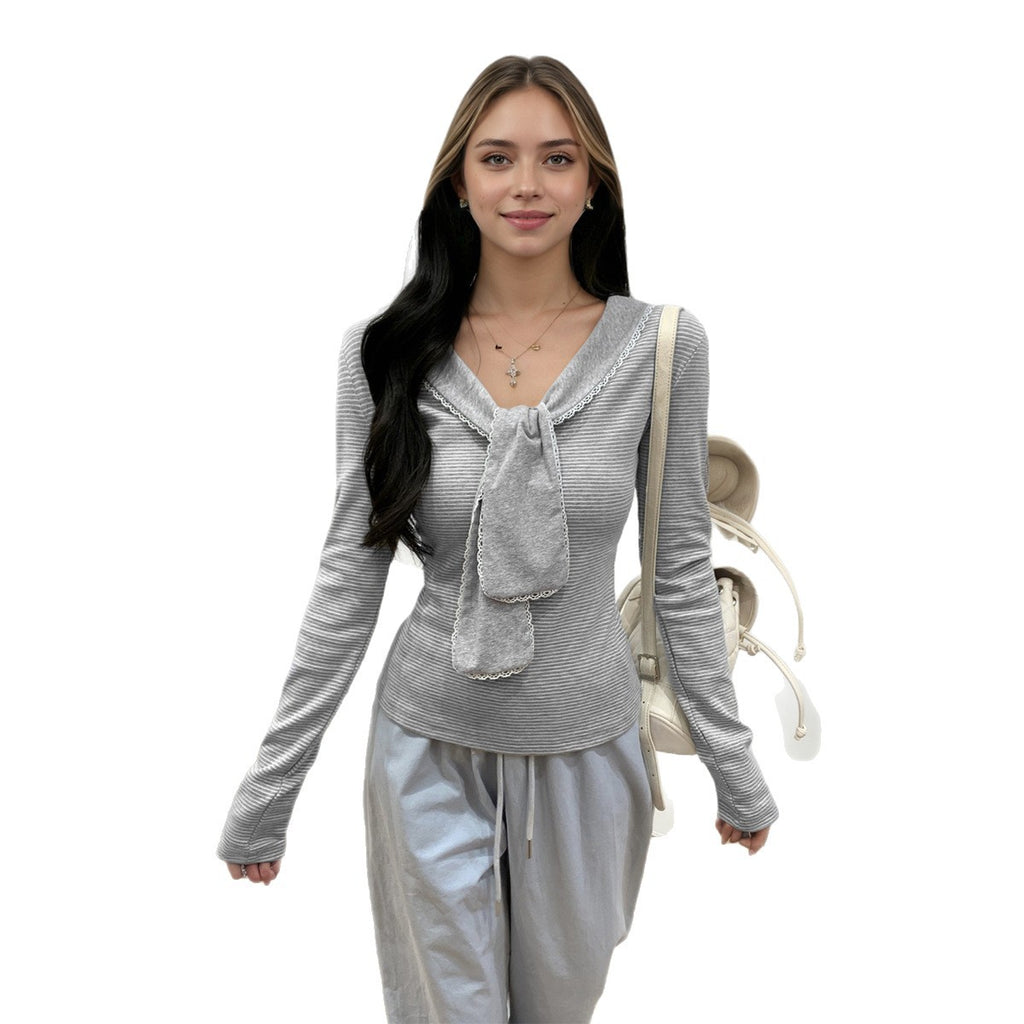 Women's Striped Wear Navy Collar Slim Long Sweaters