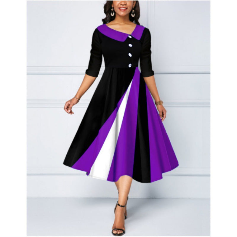 Women's Fastener Decoration Printed Large Swing Sleeve Dress