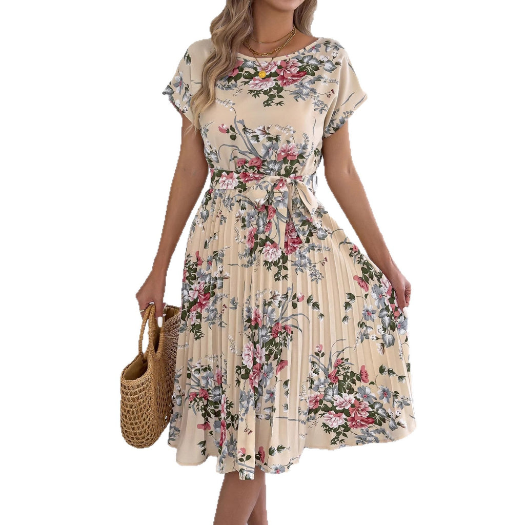 Women's Elegant Flowers Batwing Sleeve Cinched Waist Dress