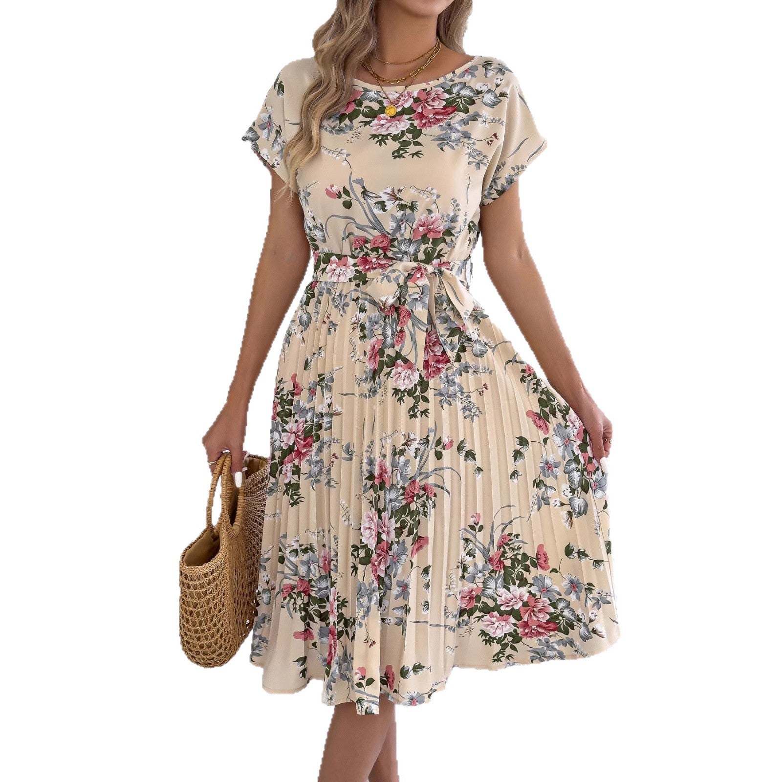 Women's Elegant Flowers Batwing Sleeve Cinched Waist Dress
