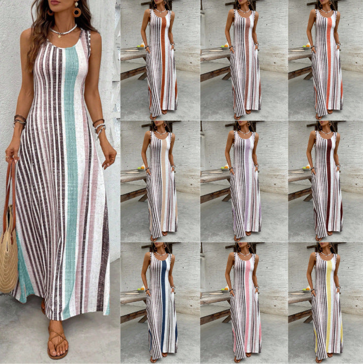 Women's Fashion Casual Sleeveless Striped Round Neck Pocket Clothing