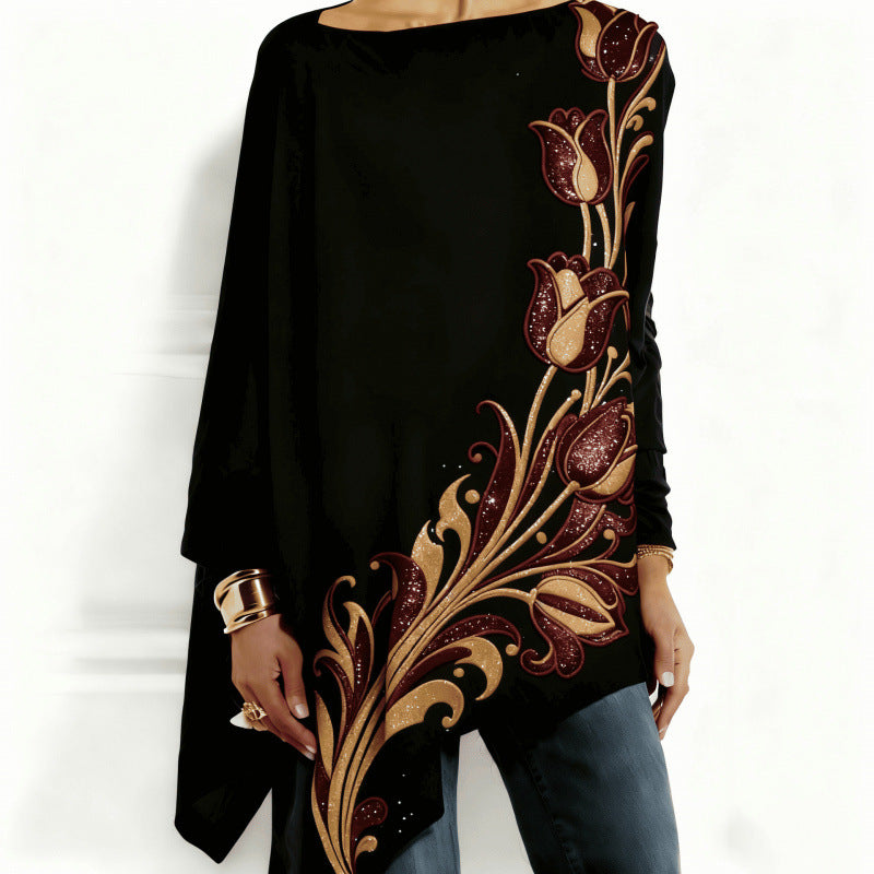 Autumn Irregular Hem Loose Casual Print Batwing Sleeve Bottoming Women's T-shirt