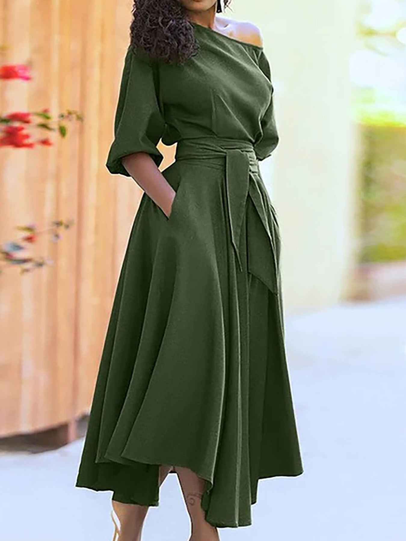 Oblique Shoulder Strap Elegant Solid Color Dress