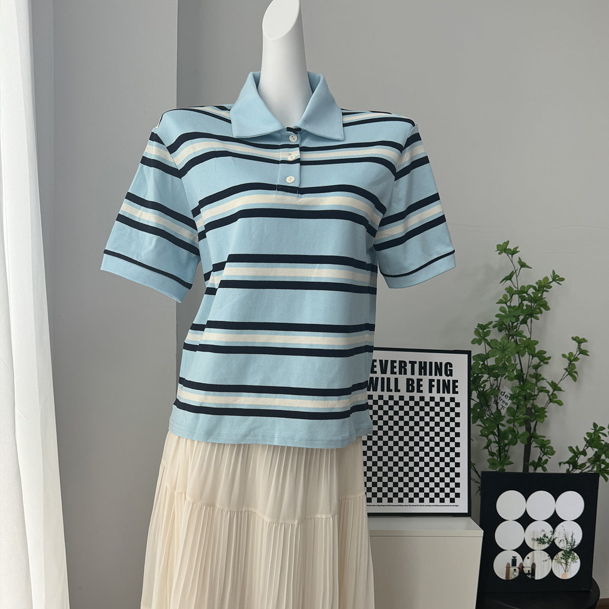 Women's Beauty Retro Contrast Color Striped Shirt Loose Sleeve Women's T-shirt