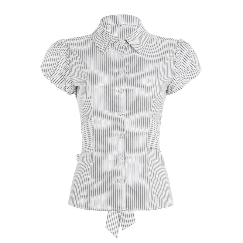 Summer Striped Breasted Shirt Hot Slimming Lace Up Design Lapel Women's T-shirt