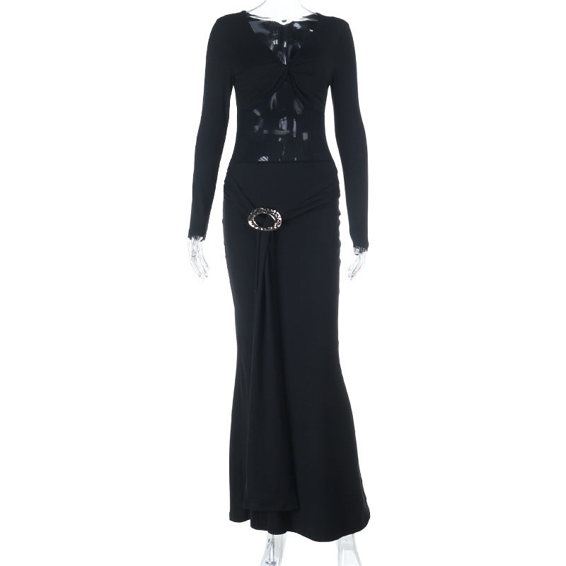 Women's Sexy Deep Mesh Stitching Long-sleeved Elegant Slim Dress