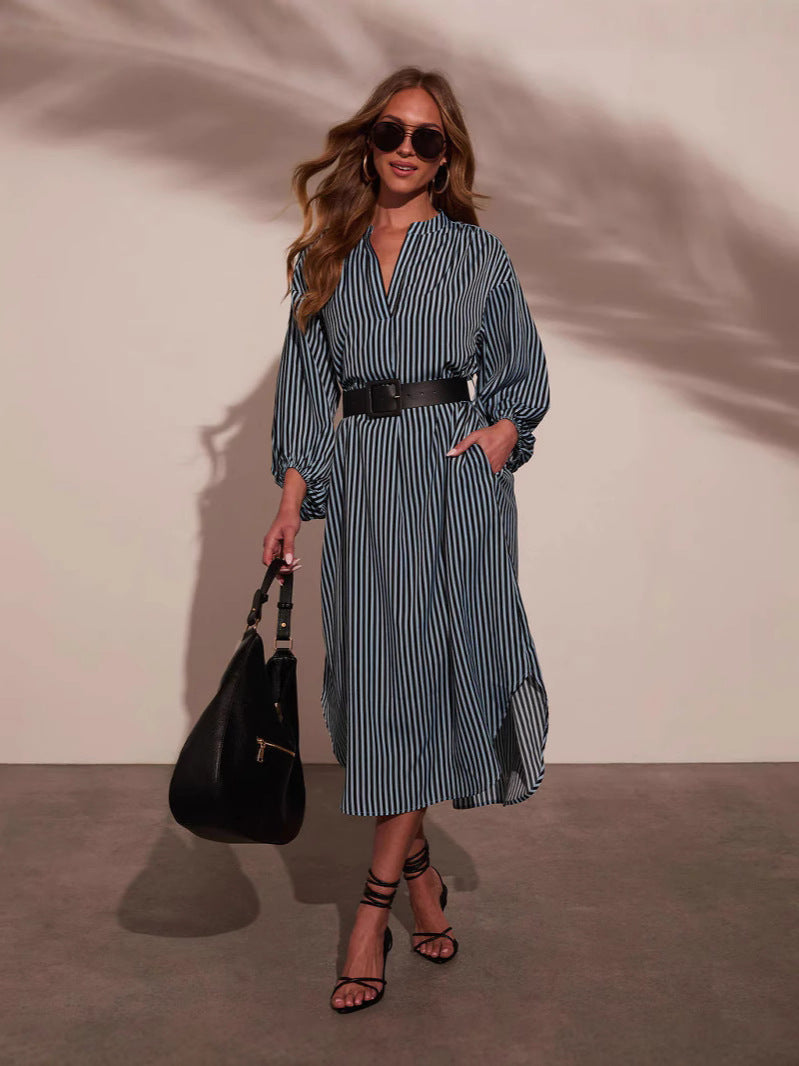 Fashion Striped Belt Long Sleeve Mid-length Dress