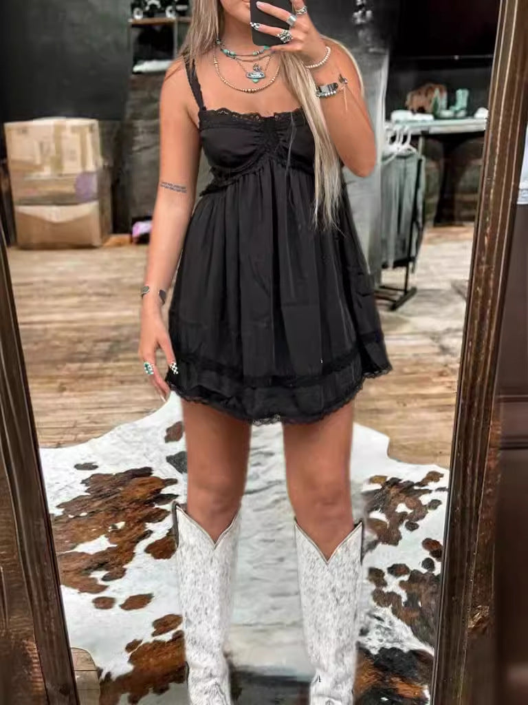 Women's Sleeveless Strap Tube Solid Color Lace Dress