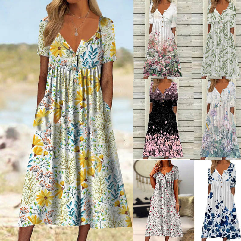 Women's Spring Printed Button Sleeve Pocket Dress