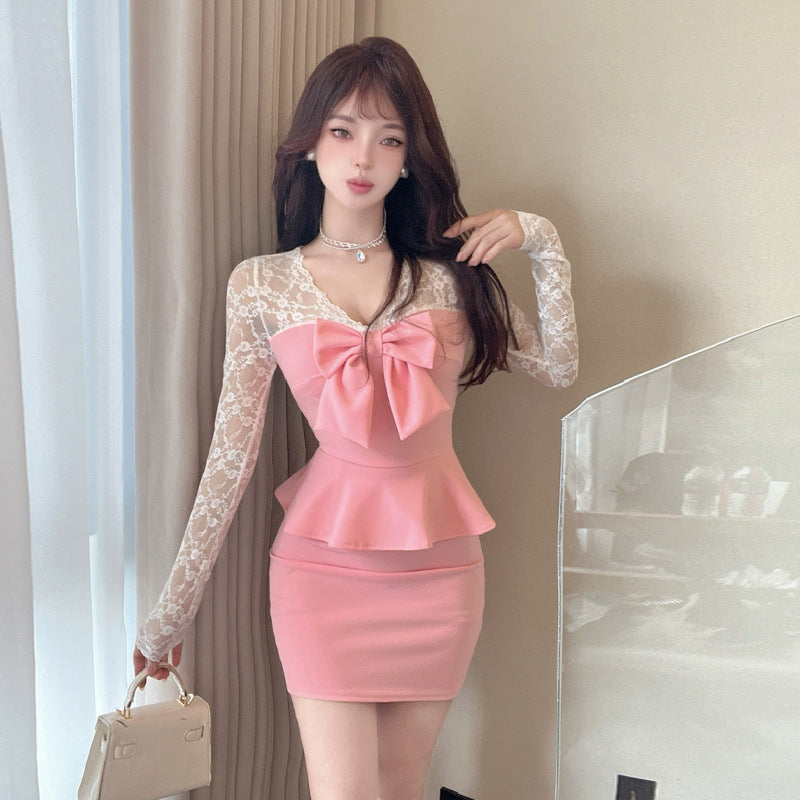 Women's Sexy Lace Stitching Long Sleeve Narrow Bottoming Dress