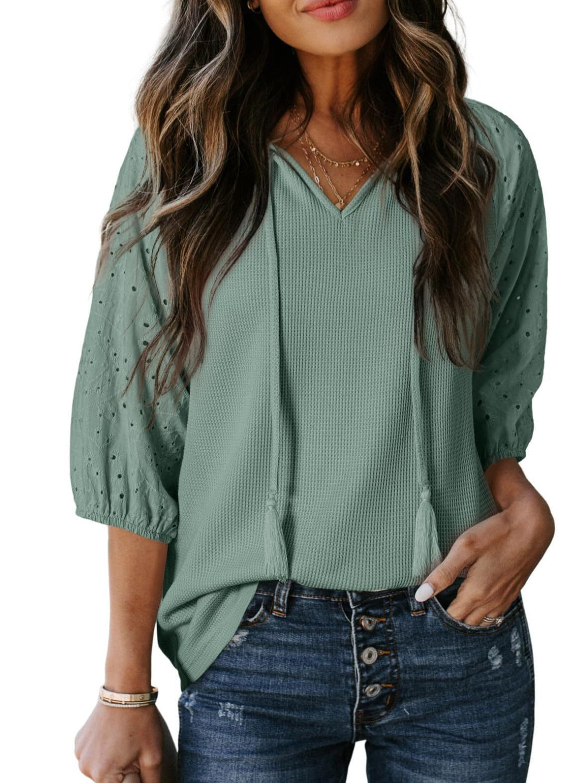 Women's Summer Jacquard Lantern Sleeve Color Matching Tops