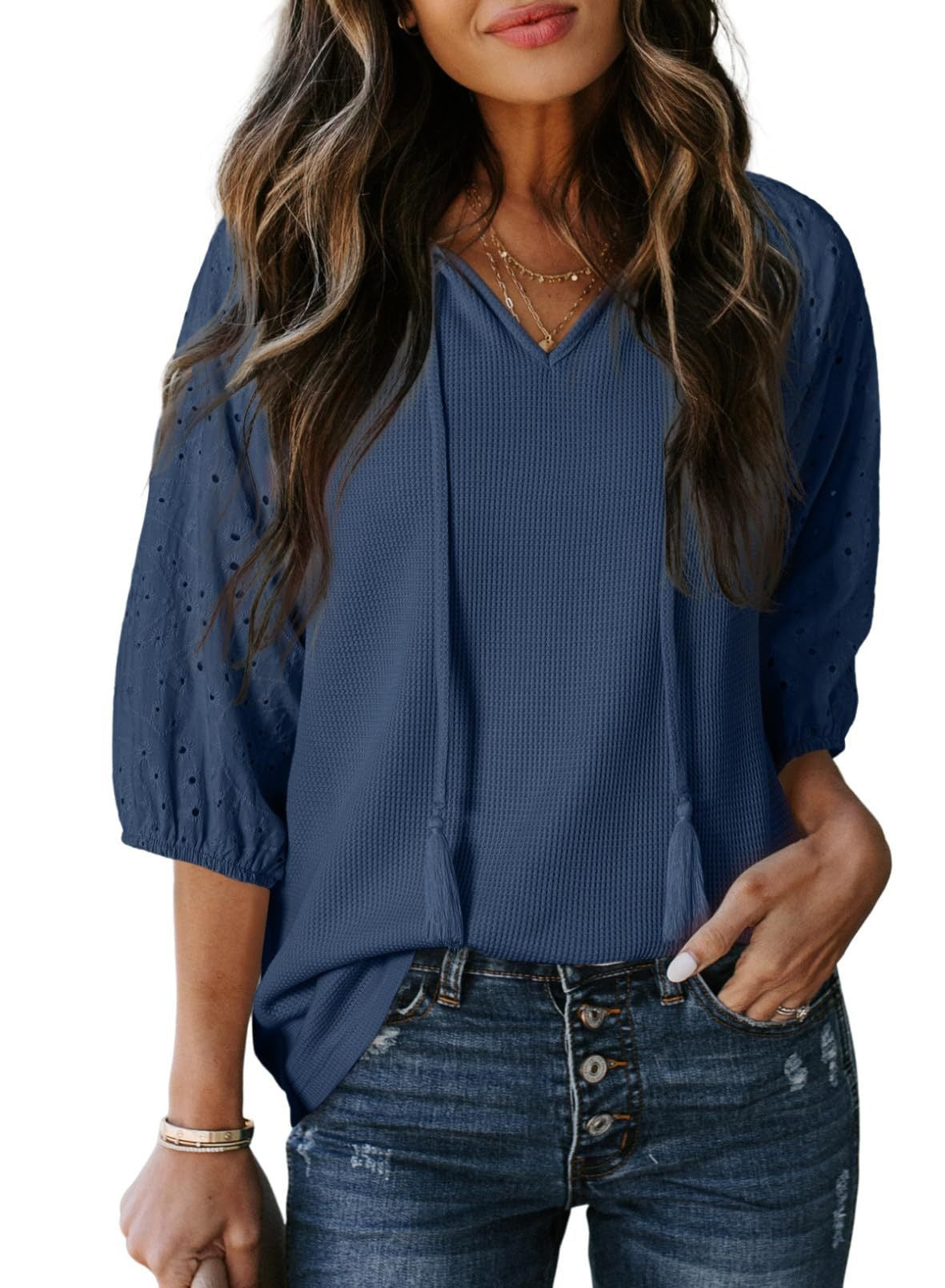 Women's Summer Jacquard Lantern Sleeve Color Matching Tops