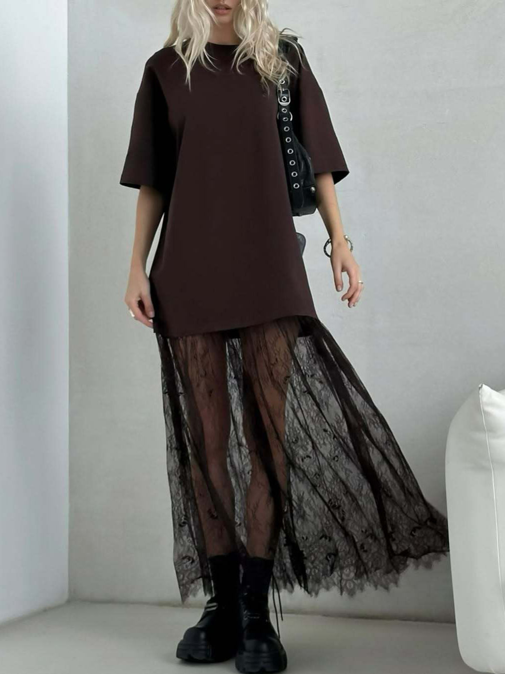 Women's Mesh Stitching Short-sleeved Dress For Summer Elegant Slimming Coffee Color Women's T-shirt