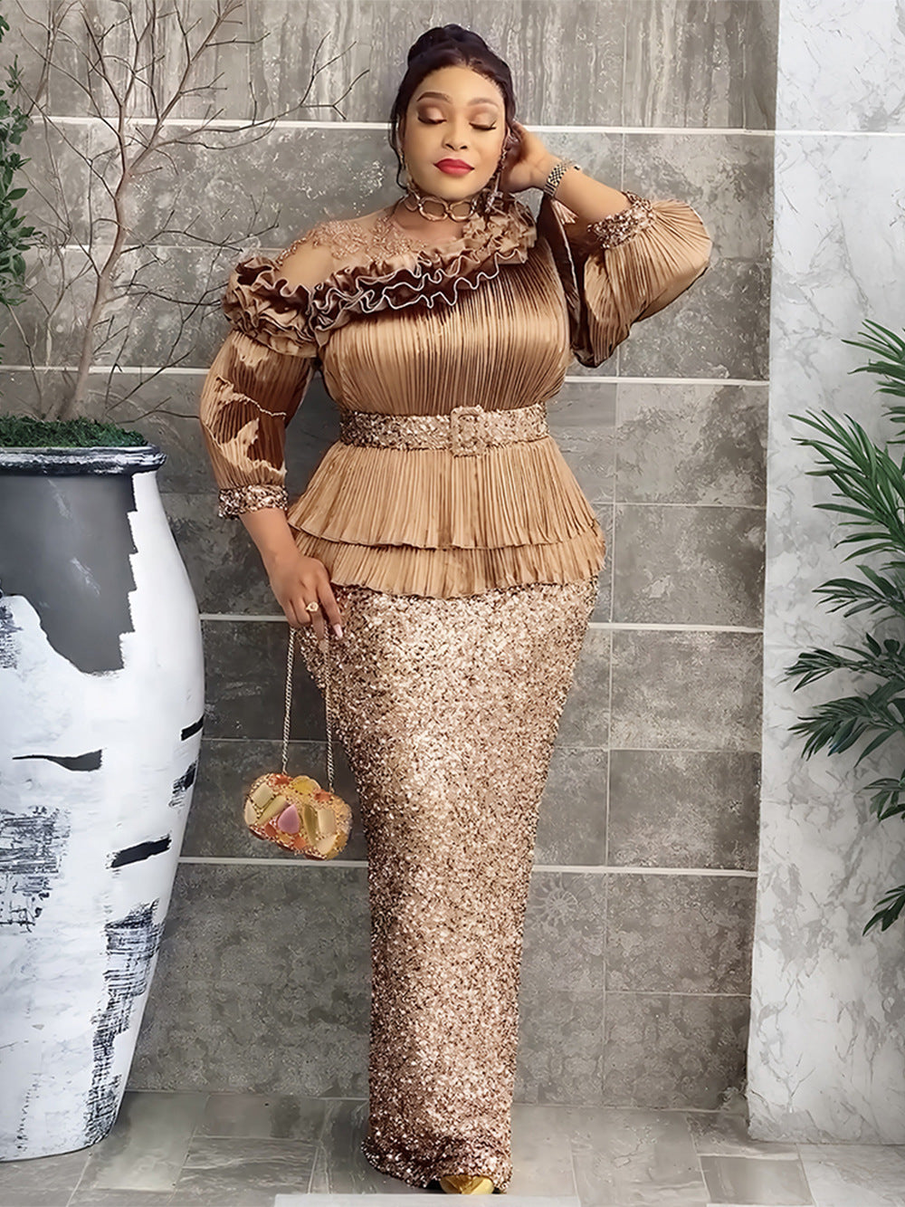 Women's Luxury Temperament Hip African Sequined Pleated Dress