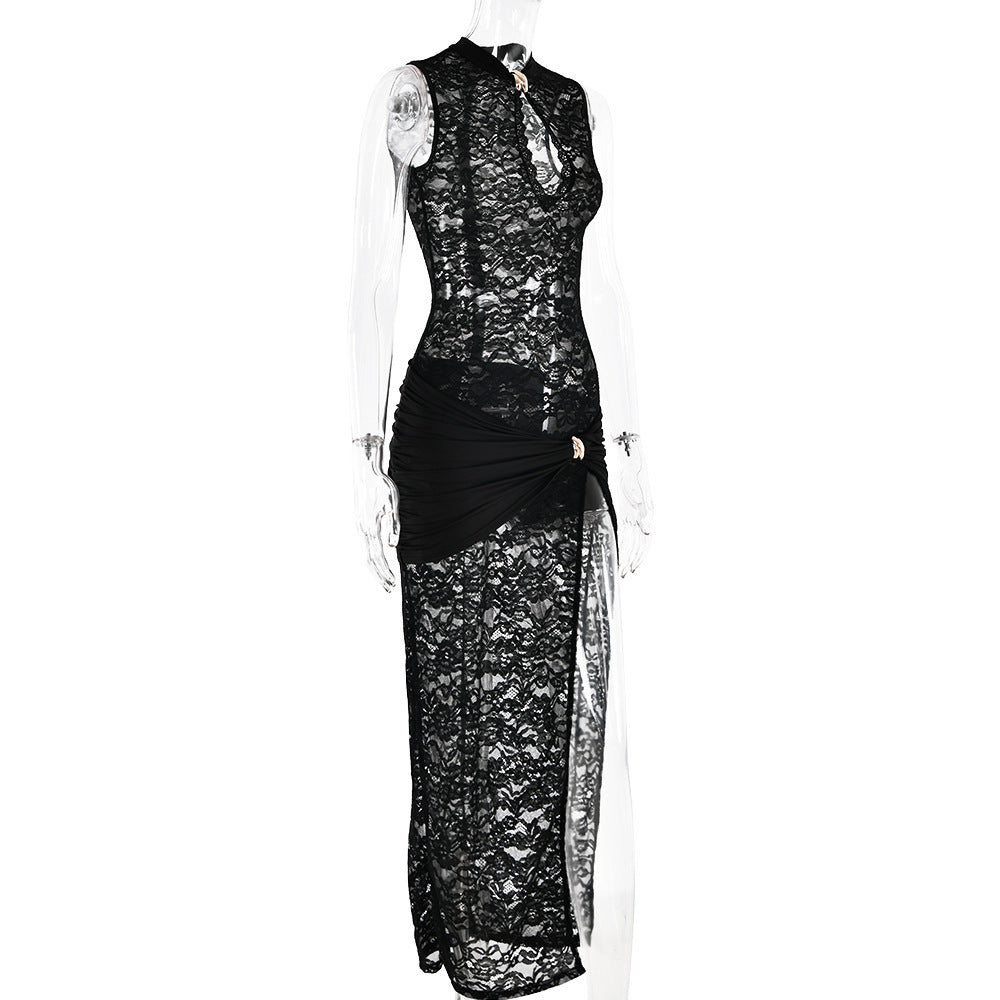 Fashion Elegant Sleeveless Lace Printed Hollow Dress