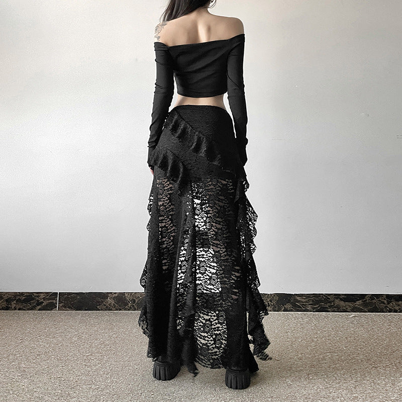 Women's Autumn Unique Design Black Lace Wavy Pleated Edge Skirt