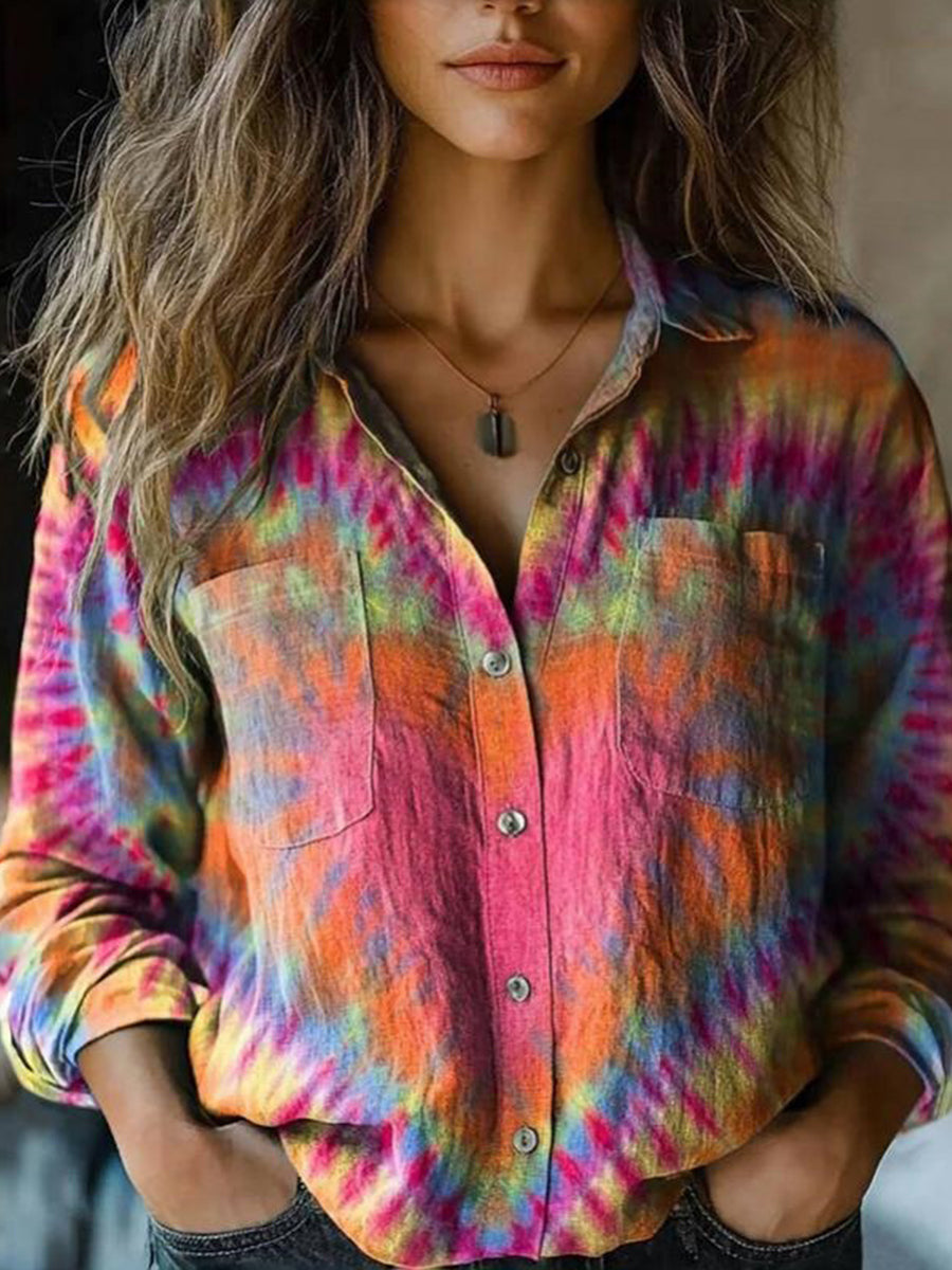 Women's Digital Printing Fashion Lapels Long Sleeve Blouse