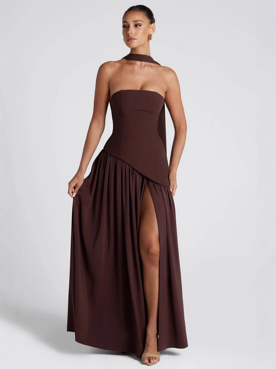 Women's Tube Pure Color Tied Fashion Sexy Backless High Slit Dress