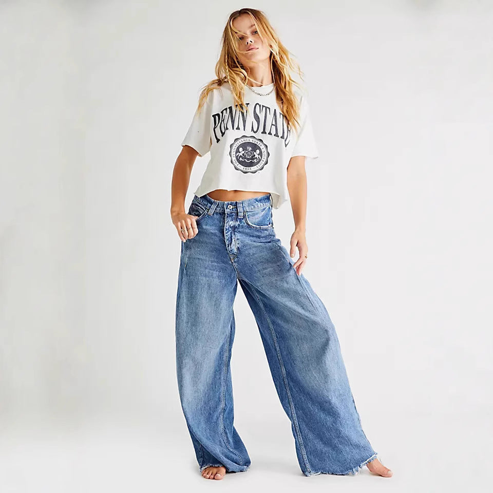 Retro Washed High Waist Straight Wide Leg Denim Women's Jeans