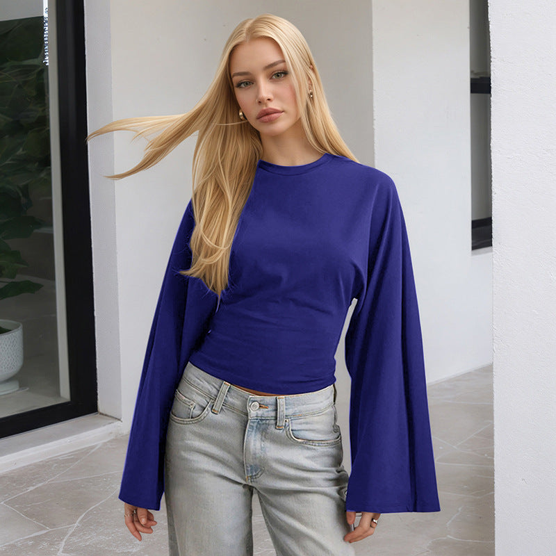 Women's Solid Color Round Neck Shoulder Across Sleeve Women's T-shirt