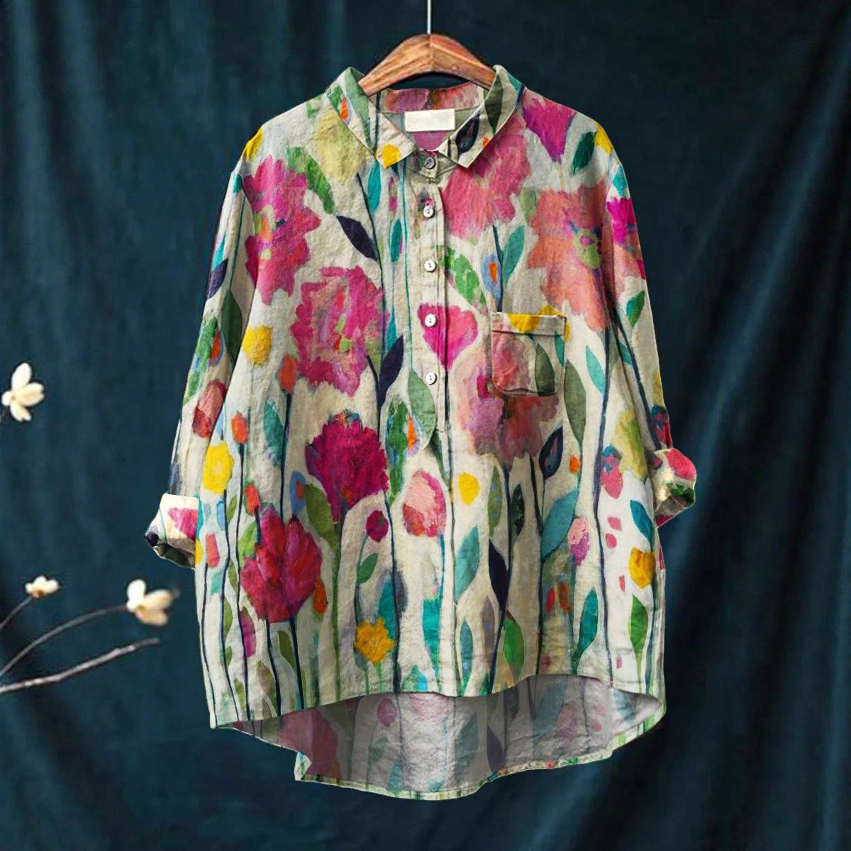 Women's Long-sleeved Personality Printing Lapel Comfortable Long Sleeve Half Button Blouse
