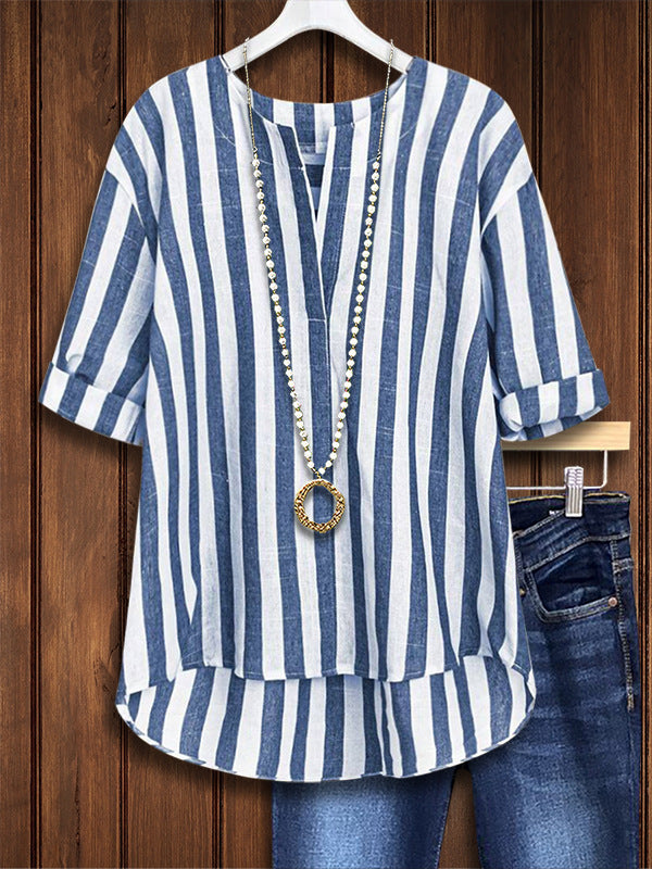 Women's Summer Striped Pullover Short-sleeved Casual Blouse