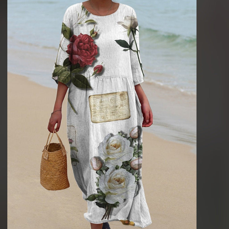 Sleeve Casual Printed Temperament Long Fitted Dress