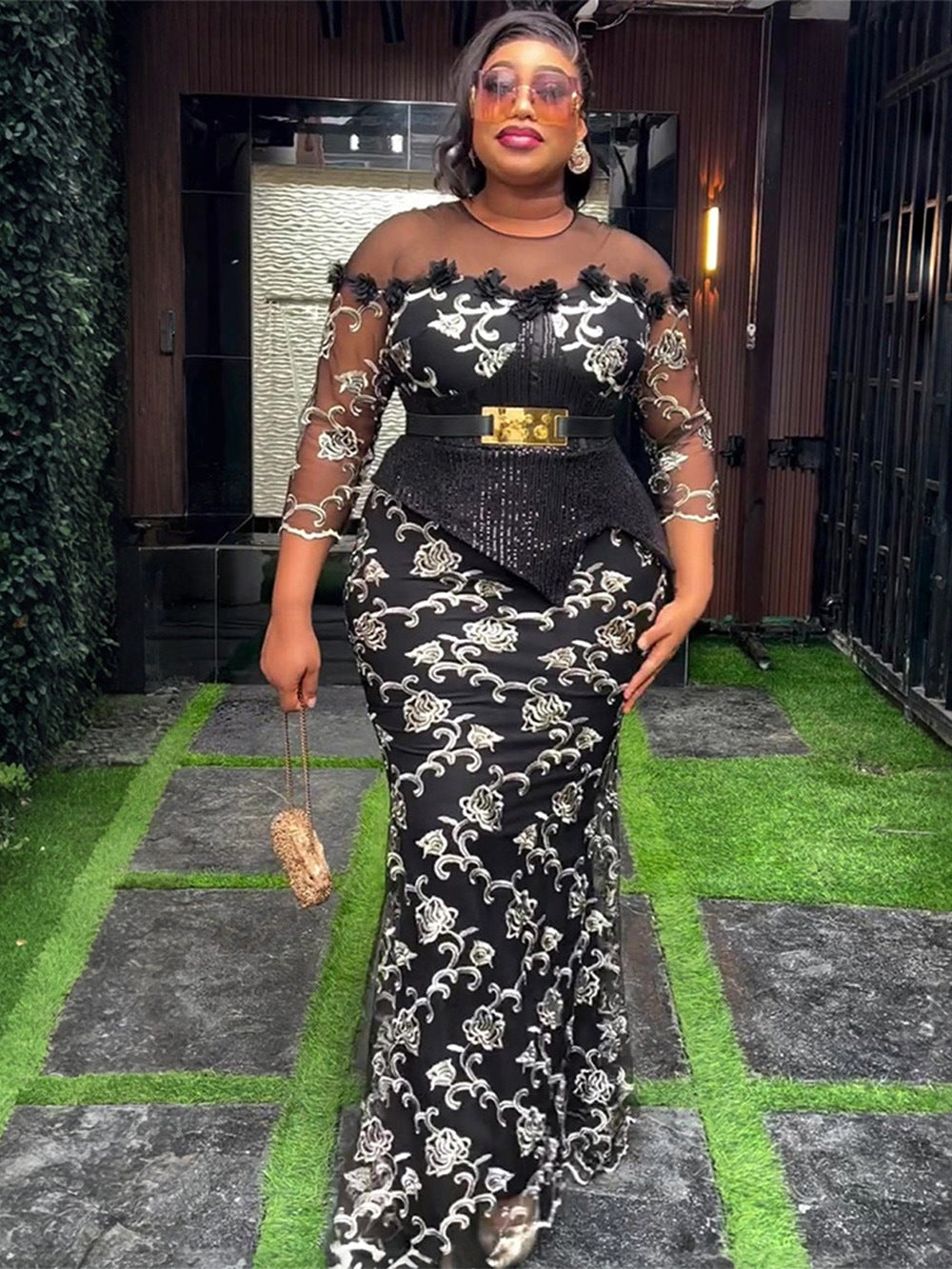 Women's African Lace Slim Fit Patchwork Hip Plus Size