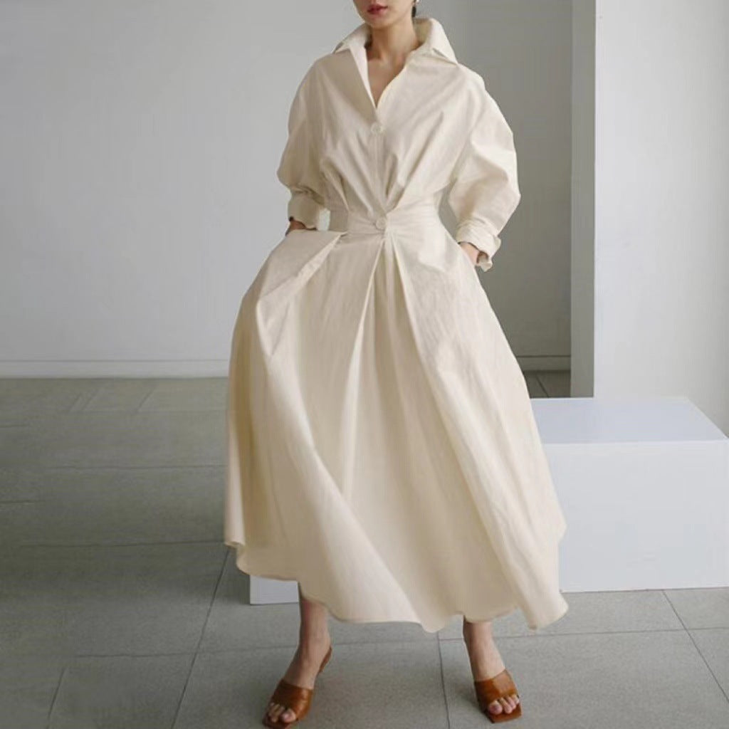 Commute Cotton Linen Solid Colored Lapel Collar Sleeve Elastic Waist Dress
