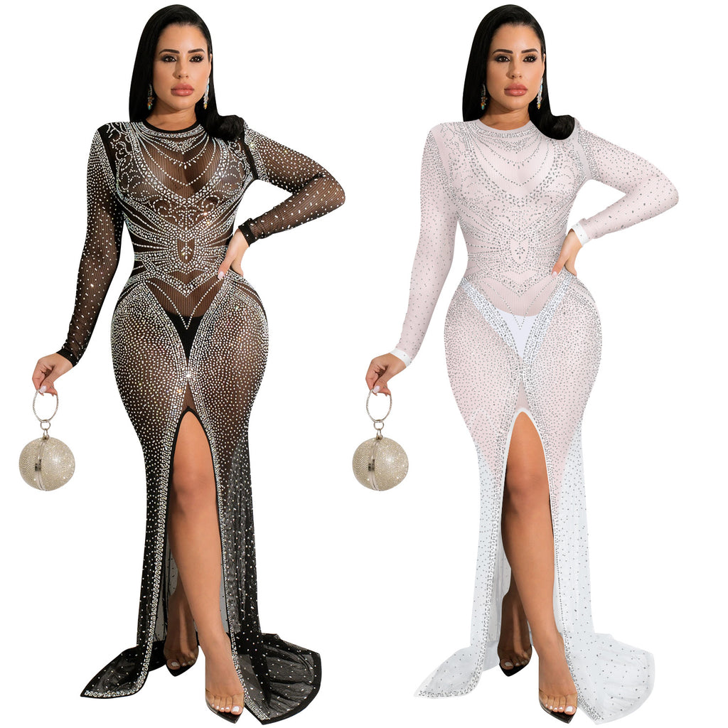 Women's Fashion Nightclub Hot Drilling Mesh Long Sleeve Split Dress