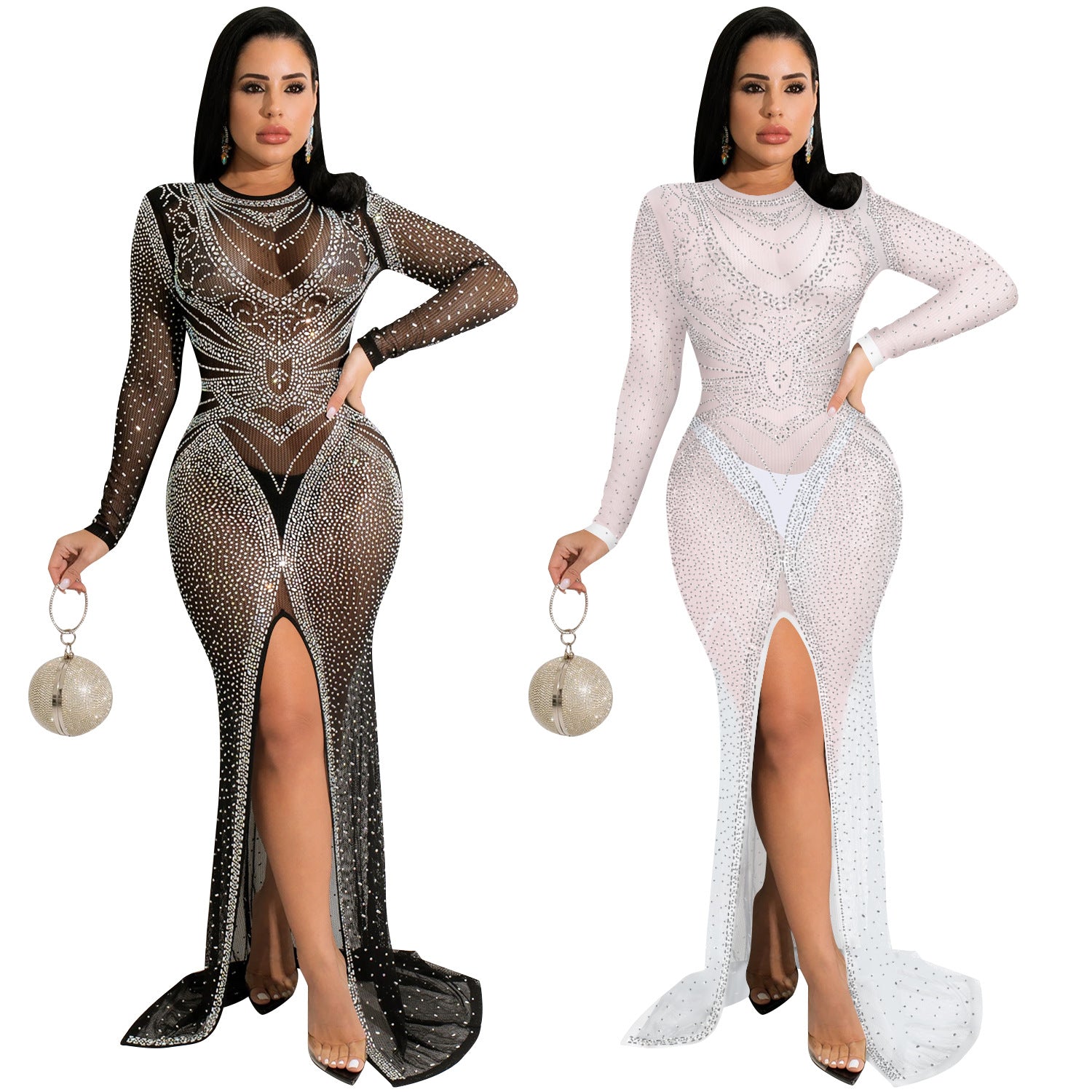 Women's Fashion Nightclub Hot Drilling Mesh Long Sleeve Split Dress