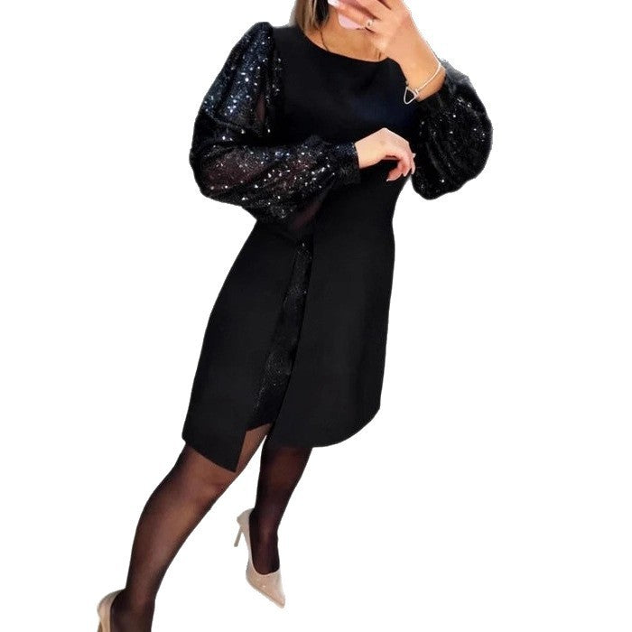 Durable Elegant Stitching Sequined Puff Sleeve Dress